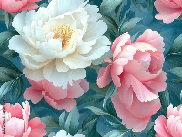 Fototapeta Beautiful pink and white peonies with lush green leaves create elegant floral pattern against deep blue background, evoking sense of tranquility and grace