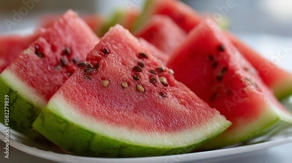 Fototapeta Watermelon slices present refreshing summer fruit featuring visible seeds. AI generated.