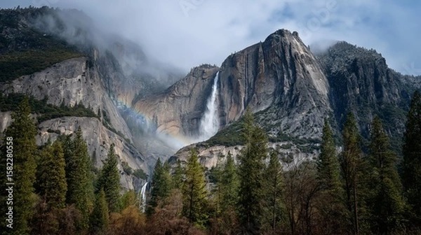 Fototapeta Waterfall cascades between cliffs with faint rainbow landscape travel. AI generated.