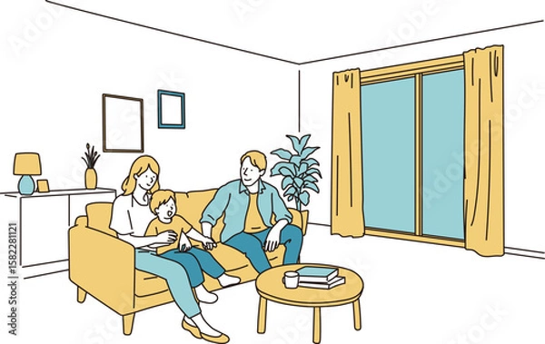Obraz リビングで家族団らんイメージのシンプルイラスト
