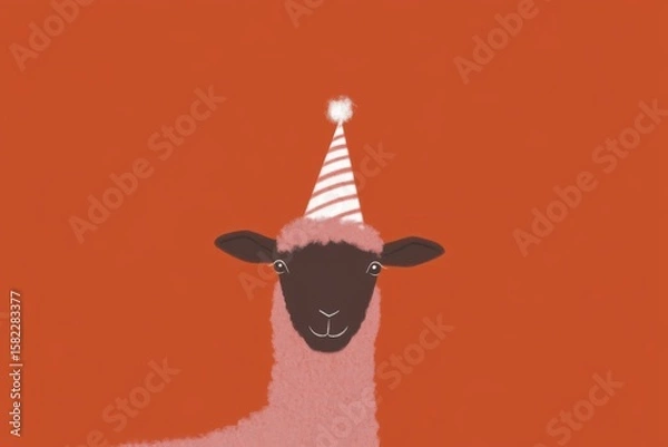 Obraz Minimalistic party sheep illustration with festive hat on red background