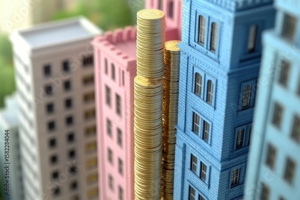 Obraz Minimalistic urban financial growth concept with colorful buildings and coins