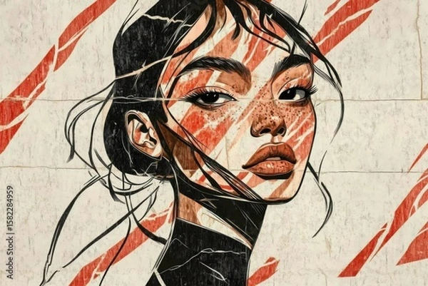 Obraz Minimalistic portrait with artistic sgraffito technique featuring freckled face