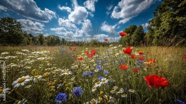 Fototapeta Wildflowers blooming in field with vibrant colors and skies. AI generated.