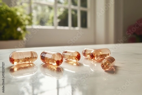Obraz Minimalistic display of clear capsules in sunlit home environment