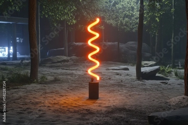 Obraz Glowing dna helix sculpture in forest setting at night