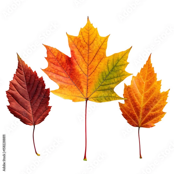 Fototapeta Three colorful autumn leaves in shades of red orange and yellow isolated on transparent background