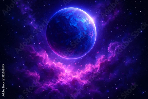Fototapeta Vibrant Alien Planet Floating in Purple Nebula Space