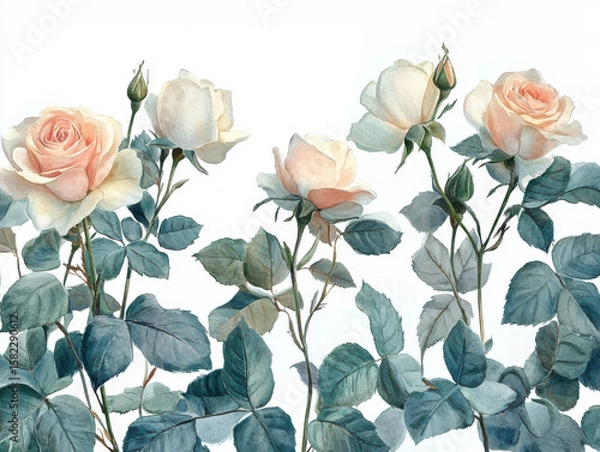Fototapeta Delicate watercolor painting of blooming pale pink roses with lush green leaves, evoking sense of elegance and tranquility. soft colors and intricate details create serene floral composition