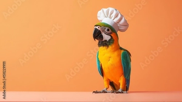 Obraz A macaw parrot wearing a chef's hat standing against a solid orange colored studio backdrop and surface