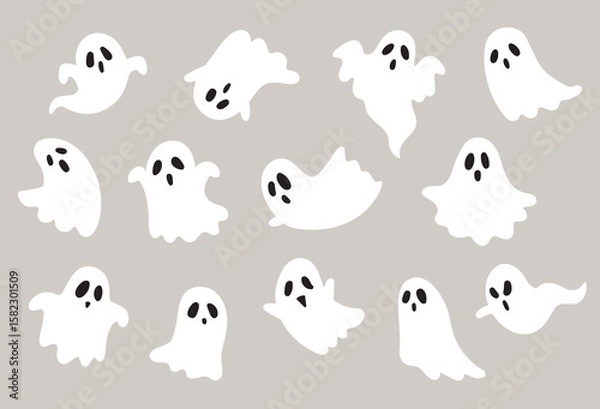 Obraz Cute Halloween ghost vector illustrations in various poses. A minimalist white sheet ghost vector set.