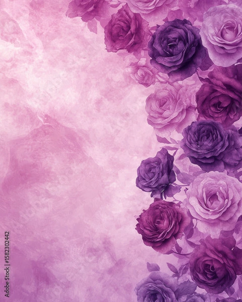 Fototapeta Purple and pink roses create dreamy floral background with watercolor effect, blending soft hues and delicate textures. romantic design evokes sense of elegance and tranquility