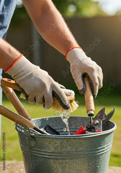 Obraz Gardener washing garden tools in a bucket