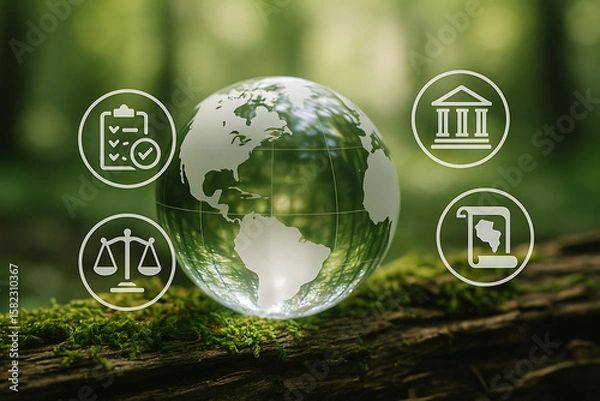 Fototapeta Environmental sustainability and governance principles visualized with glass globe and icon symbols highlighting global compliance justice standards and responsibility in policy framework image