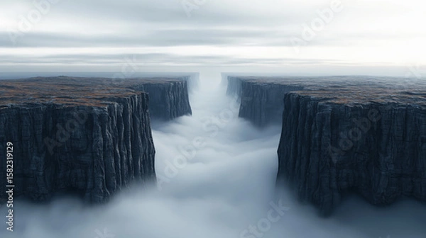 Fototapeta A dramatic fog-filled canyon stretches between towering cliffs under a cloudy sky, creating a surreal and mysterious landscape.