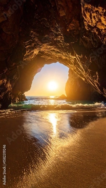 Obraz Sunlit beach cave at sunset