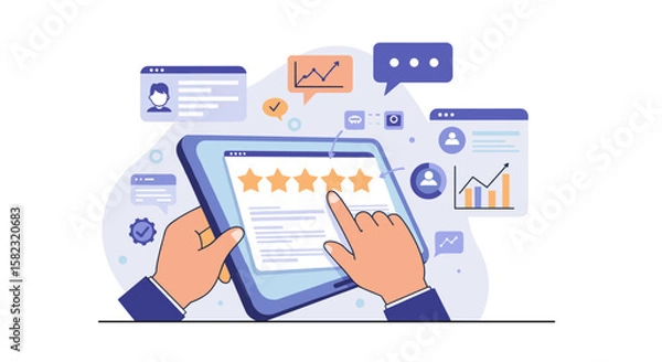 Fototapeta Flat style user feedback and rating concept with hands and tablet