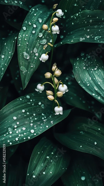 Fototapeta Lily of valley flowers with raindrops on lush green leaves create serene and fresh atmosphere. delicate white blooms stand out against deep green foliage