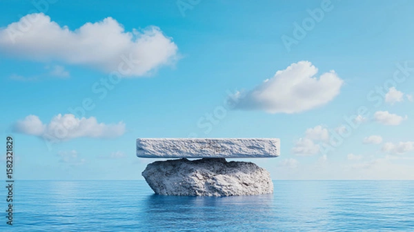 Fototapeta A large flat stone slab rests atop a rugged rock formation in calm ocean waters under a bright blue sky with scattered fluffy clouds.