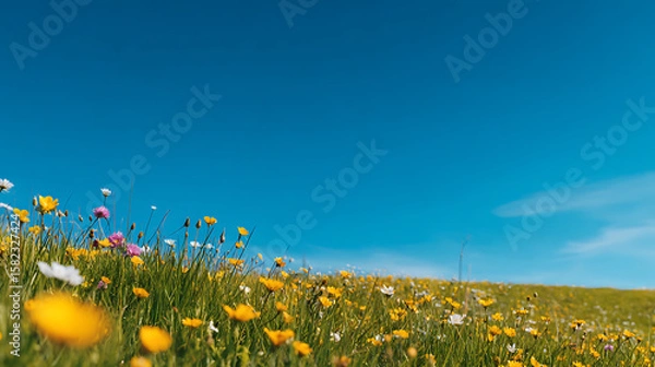 Fototapeta Summer Field Wallpaper with copy-space. Natural Scene with Long Grass, Wild Flowers and Clear Blue Sky. 16203016 1