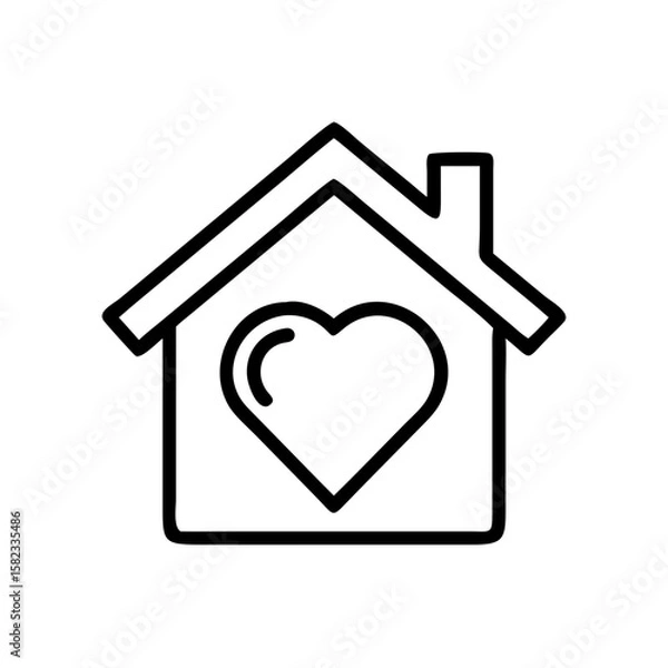 Fototapeta House with heart icon displayed as vector symbol of love and home. House with heart in minimalist line art represents family and security. Conceptual house with heart for real estate design.