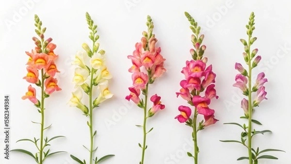 Fototapeta Five snapdragon flowers of different colors arranged in a row on a white background, top view