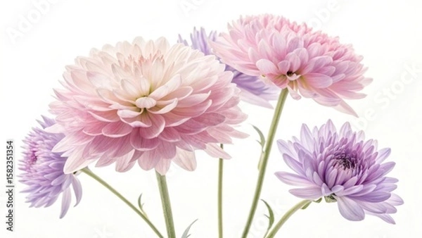 Fototapeta A soft focus shot of pink and purple chrysanthemums against a white background in a studio setting