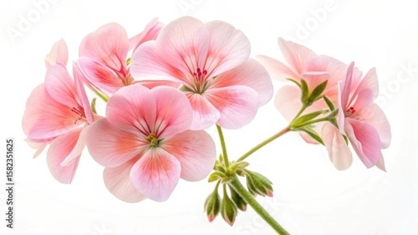 Fototapeta A close up of a cluster of light pink geranium flowers against a white background in soft focus