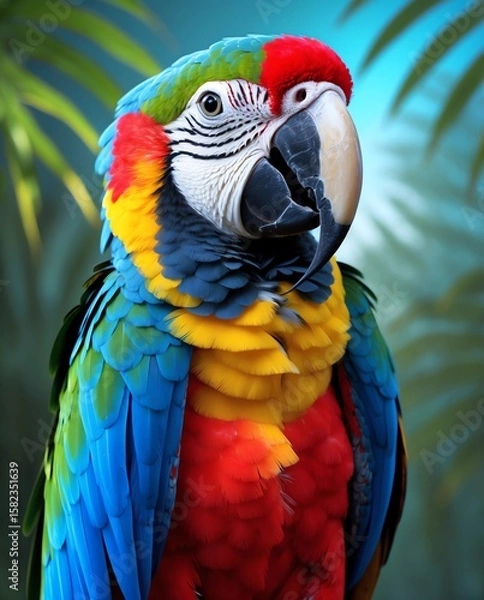 Fototapeta portrait of a colorful macaw parrot with vibrant feathers. Background gradient of tropical green to sky blue