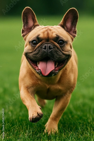 Fototapeta Generative AI : Close-up picture, A french bulldog running happily, eyes happy and ears pricked