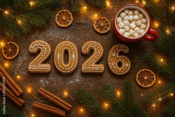 Fototapeta Gingerbread cookies shaped 2026, cinnamon sticks, dried orange slices, and mug of Christmas chocolate with marshmallows