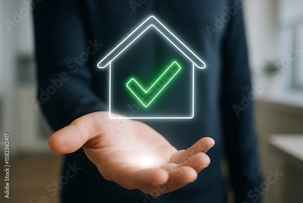 Obraz Real estate verification approved using futuristic holographic interface with home checkmark concept for property validation ownership mortgage insurance and housing security confirmation process