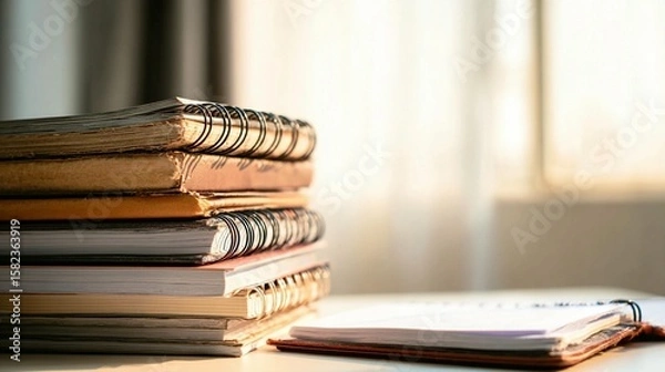 Obraz Stack of vintage notebooks by window