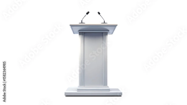 Fototapeta A clean, white podium with two microphones stands ready for a speech, isolated on transparent background