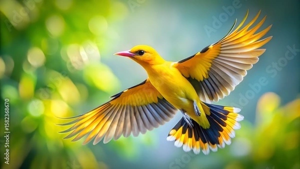 Fototapeta Golden Oriole Flying with Spread Wings and Colorful Blurred Background