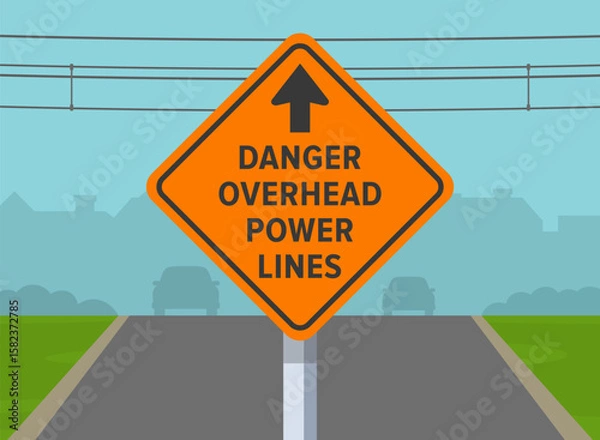 Fototapeta Traffic regulation rules and driving tips. Close-up of United States "overhead power lines" warning sign on a residential area road background. Flat vector illustration template.
