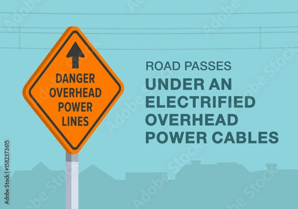 Fototapeta Safe driving tips and traffic regulation rules. Close-up of United States "danger, overhead power lines" sign meaning. Road passes under an electrified cables. Flat vector illustration template.