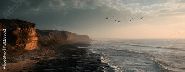Fototapeta Coastal Cliffs at Sunset: Dramatic coastal cliffs meet a turbulent ocean under a brooding sunset sky, with a flock of birds in flight adding a touch of wildness to the scene. 