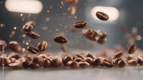 Fototapeta Coffee Bean Cascade: A mesmerizing display of roasted coffee beans in mid-air, capturing the rich texture and inviting aroma of the freshly brewed beverage.