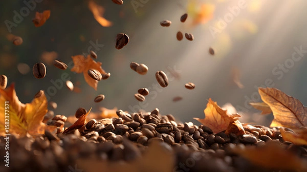 Fototapeta Autumnal Coffee Beans: A visually striking close-up captures the essence of autumn, with coffee beans and fallen leaves suspended in mid-air, illuminated by a ray of sunlight