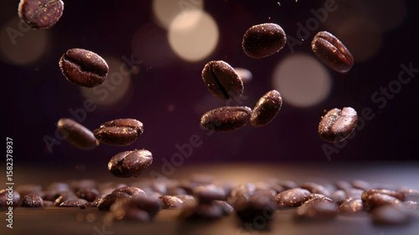 Fototapeta Coffee Beans in Motion: Roasted coffee beans suspended in mid-air against a dark background, creating a dynamic and visually stunning image perfect for coffee-related projects. 