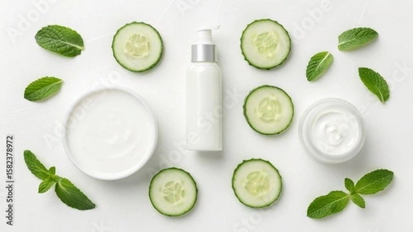 Fototapeta Moisturizer cream container aloevera lemon cucumber slices white background. top view