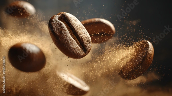 Fototapeta Aromatic Dance of Coffee Beans: A captivating image presents coffee beans in mid-air, with an artistic expression of their captivating texture and the fine powder that releases their intense aromas.