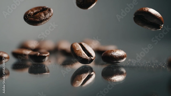 Fototapeta Coffee Beans in Motion: Roasted coffee beans suspended mid-air, showcasing their rich, dark brown color and alluring texture against a dark reflective surface.