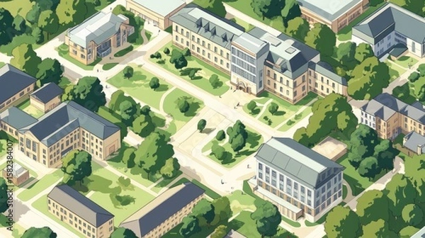 Fototapeta High-angle view of a university campus. Lush green trees and grassy areas surround beige and light gray buildings with varying architectural styles.  Paths and walkways weave through the campus