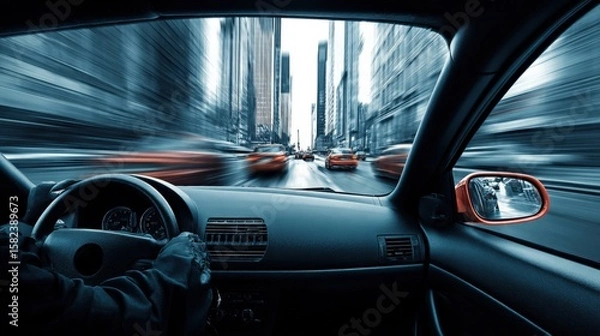 Obraz Modern city street view from inside car with driver du daytime with tall skyscrapers and moving traffic in urban environment