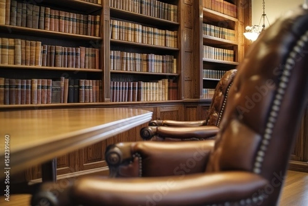Fototapeta Richly appointed library with bookshelves, table, and chairs