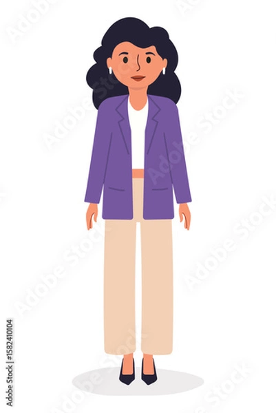 Obraz Professional woman standing confidently in stylish outfit consisting of blazer and trousers, demonstrating modern fashion. Businesswoman. Woman character in flat style isolated on white background.
