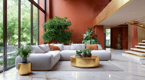 Fototapeta Bright living room with plants and gold accents