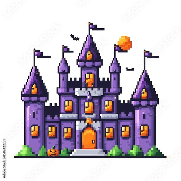 Fototapeta Spooky Pixel Art Castle with Halloween Decorations and Bats in a Whimsical Style